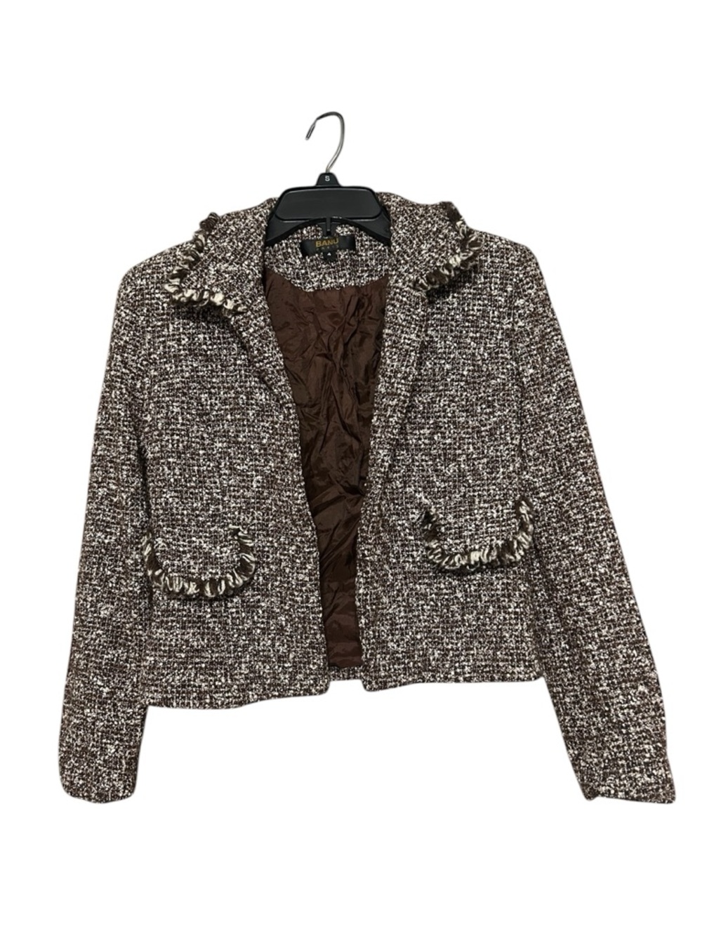 Womens Brown Tweed Fringed Collar Jacket